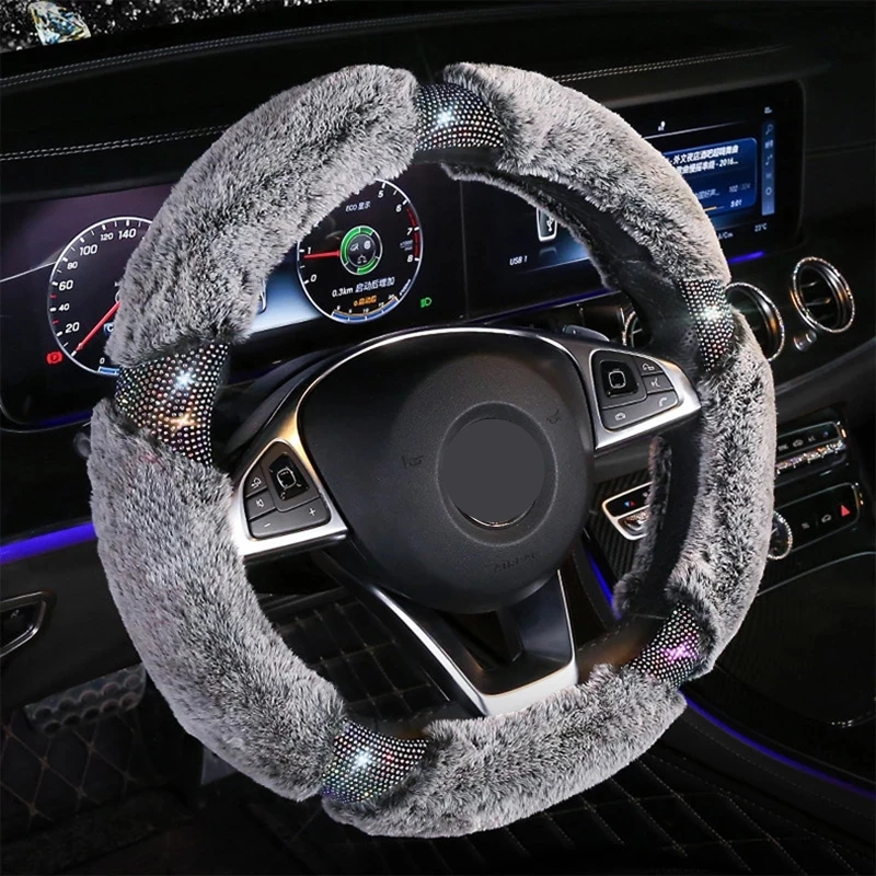 

Winter Warm Car Steering Wheel Cover Comfortable Plush Rhinestone Wheel Cover Funda Volante Coche Car Accessories For Girls