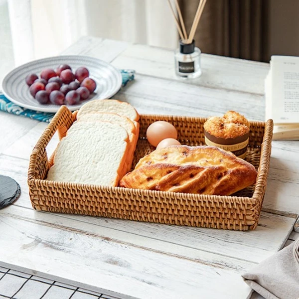 

Rattan Storage Basket Snack Bread Basket Square Woven Basket Living Room Tabletop Tea Ceremony Accessory Tray