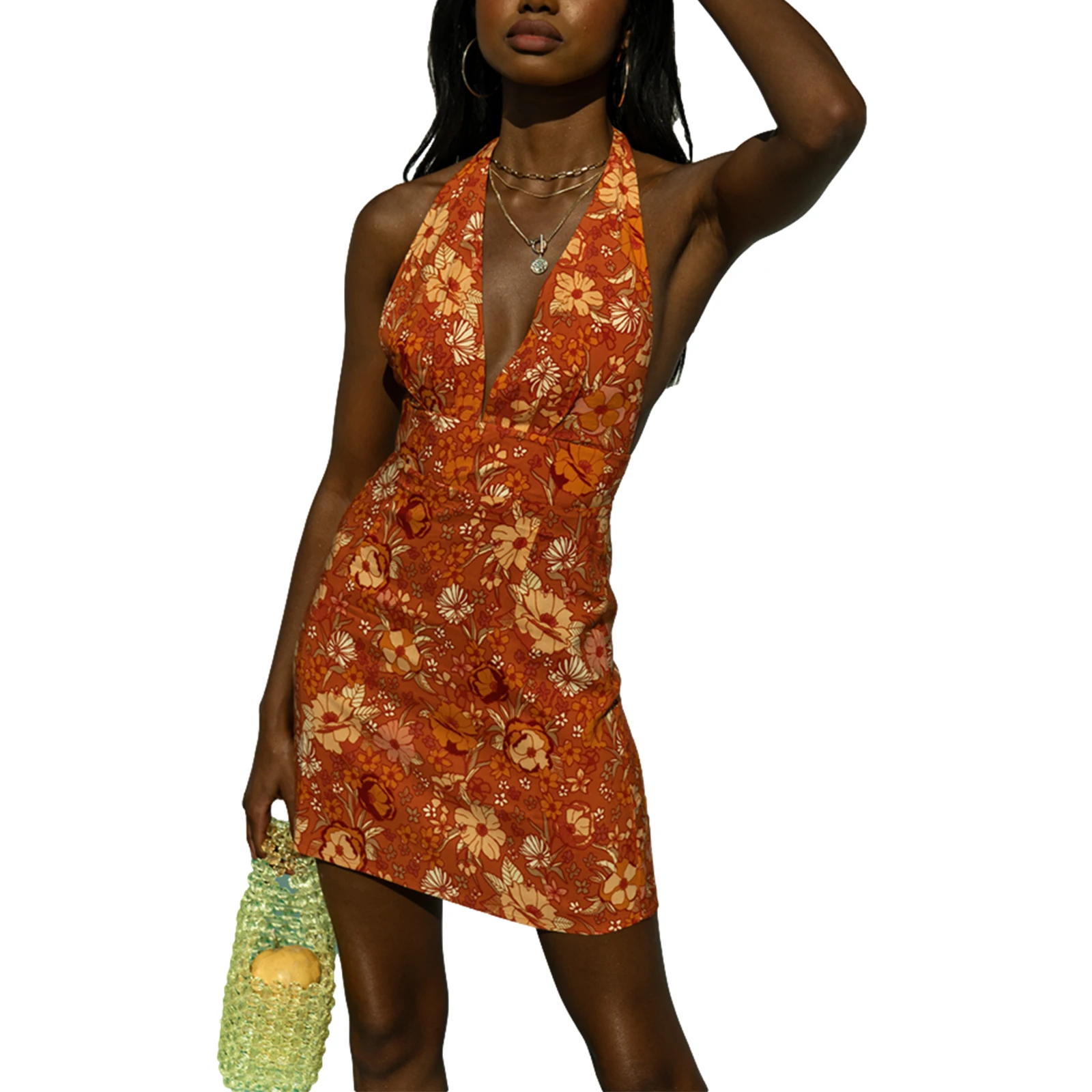 

2021 Summer Sexy Backless Dress for Women 2021, Floral Printed Pattern Deep V-neck Sleeveless Siamese, Orange/ Apricot