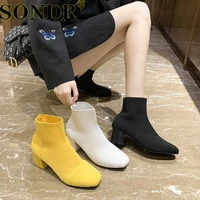autumn stretch fabrics sock boots for women shoes high heels square heel knitting shoes elastic ankle boots lady footwear