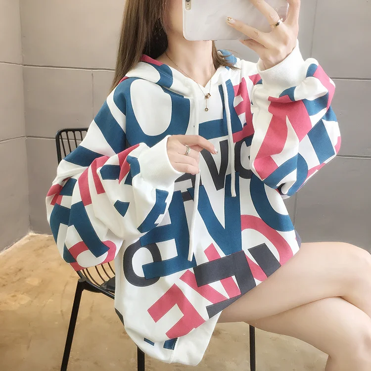 

New Loose Plus Size Women's Clothing All-matching Hooded Full Body Letter Thin Chubby Girl Sweatershirt 200 Jin Jum