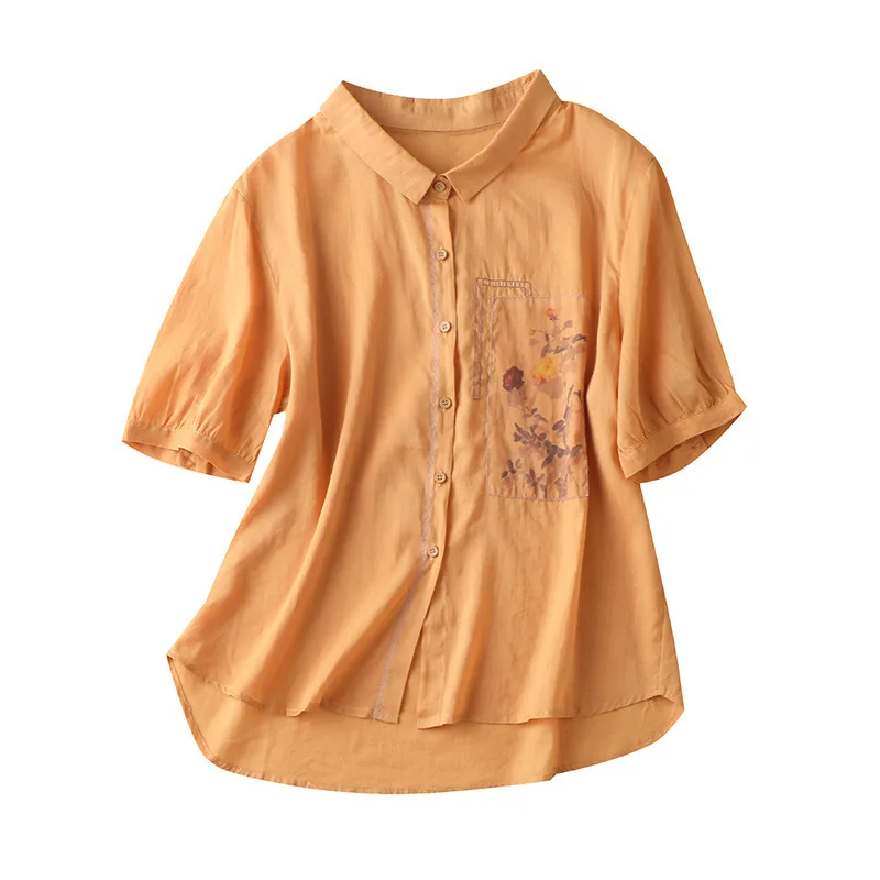 

female rural small unlined upper garment of literature and art printing linen material leisure shirt with short sleeves
