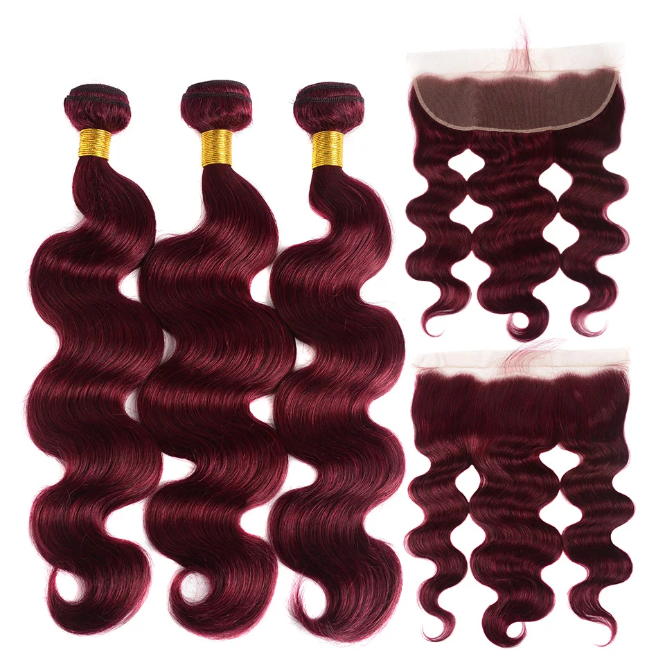 Мелкие волосы 99j бордовые пряди с фронтальной застежкой бразильские волнистые