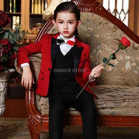 Свадебный костюм с цветочным рисунком для мальчиков Детский официальный высококачественный комплект одежды из 4 предметов: куртка + жилет + штаны + галстук-бабочка