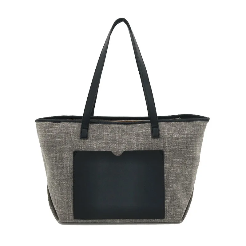 

Womens cotton flax Cotton and linen natural shopping bag canvas with leather patchwork 2021 plus size classiz elegant