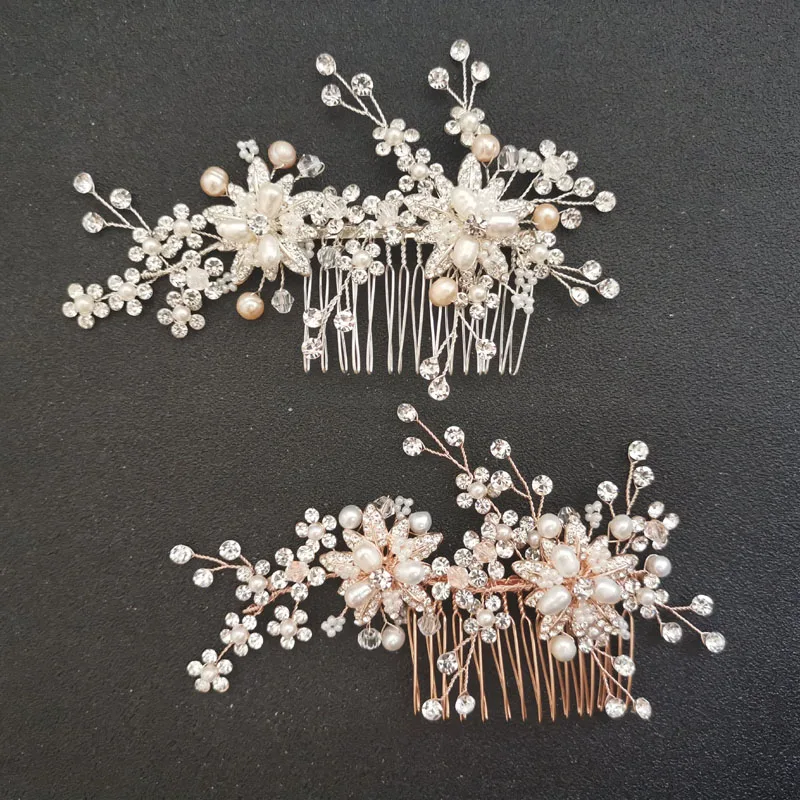 

SLBRIDAL Handmade Rhinestones Crystal Freshwater Pearls Flower Wedding Hair Comb Bridal Headpiece Hair Accessories Women Jewelry