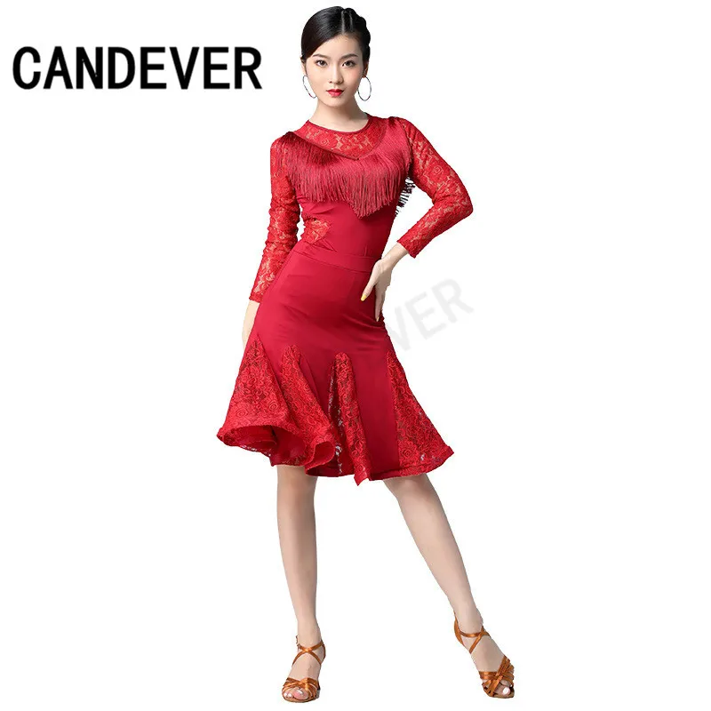 2020 new adult Modern Ballroom Latin Dance Dress lace top skirts tassel Fringe Salsa Tango Wear Performance Stage | Тематическая