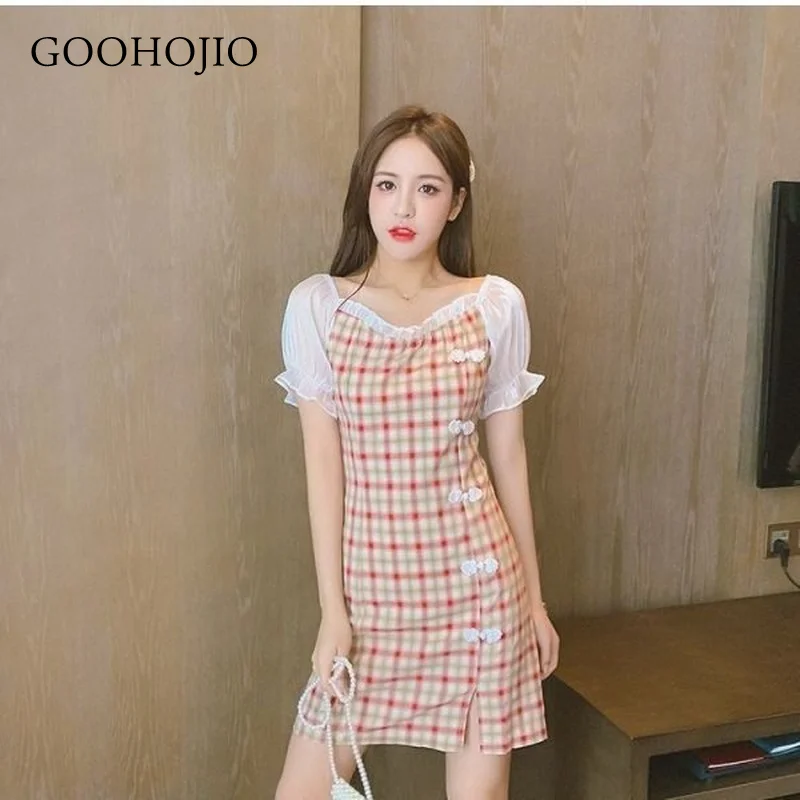 

GOOHOJIO 2021 New Spring and Autumn Skinny Women Dresses Lattice Square Collar Dress Women Fashionable Chic Dress for Ladies