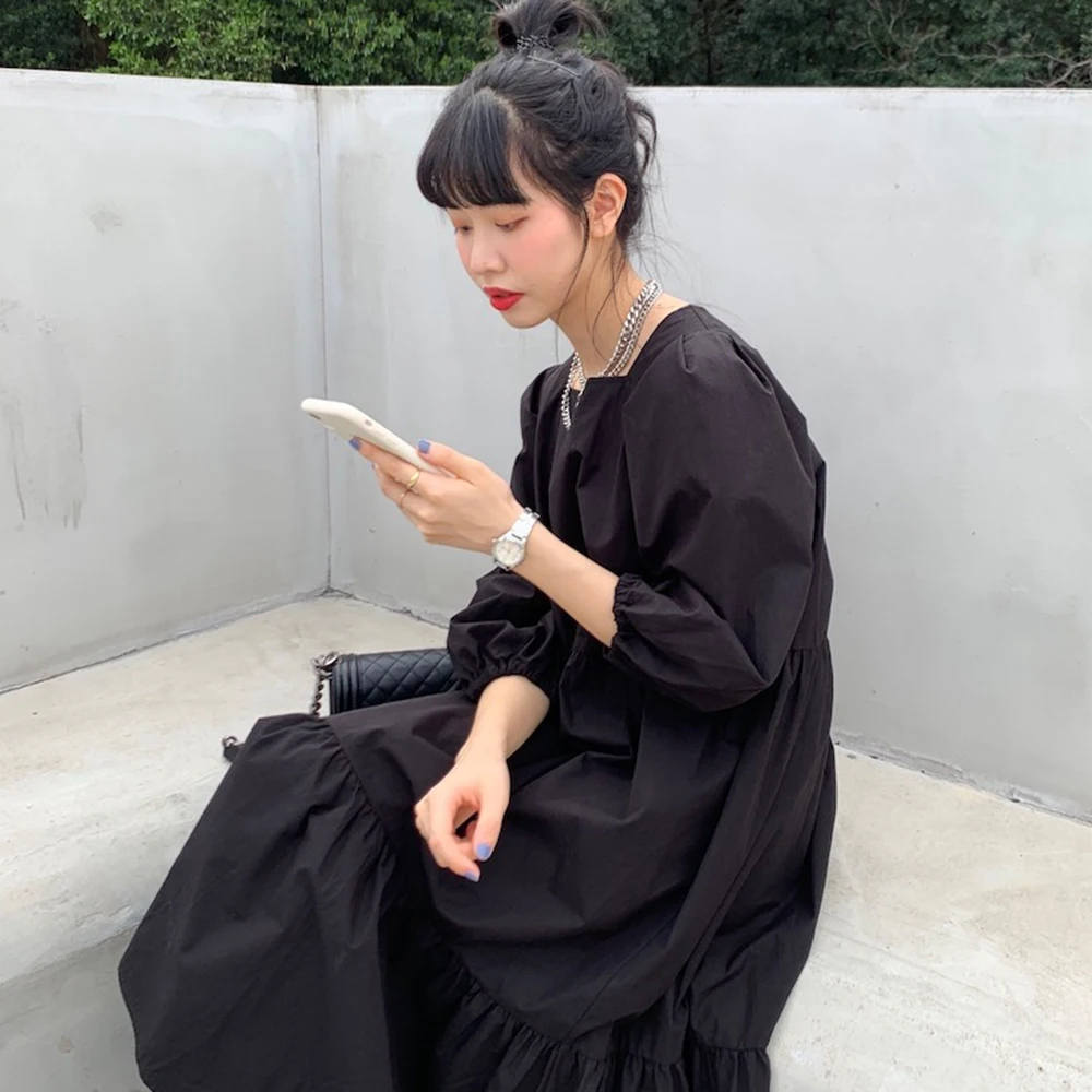 

Women's Dress 2021 Japan Style Spring Summer Korean Fashion Loose Casual Temperament Solid Color Simple Square Collar