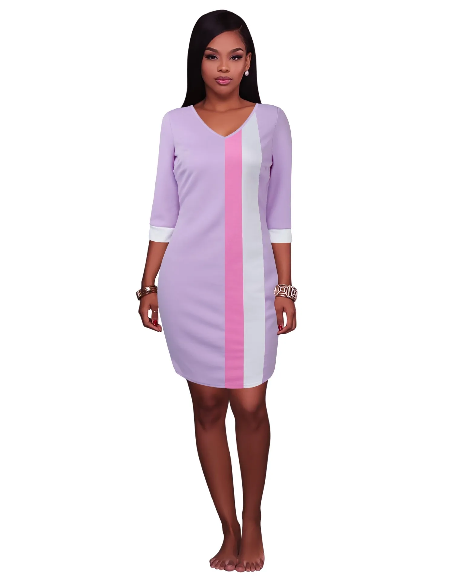 

2019 AliExpress Popular Large Size Dress European and American Fashion Contrasting Color V-neck Sweater Dress Women