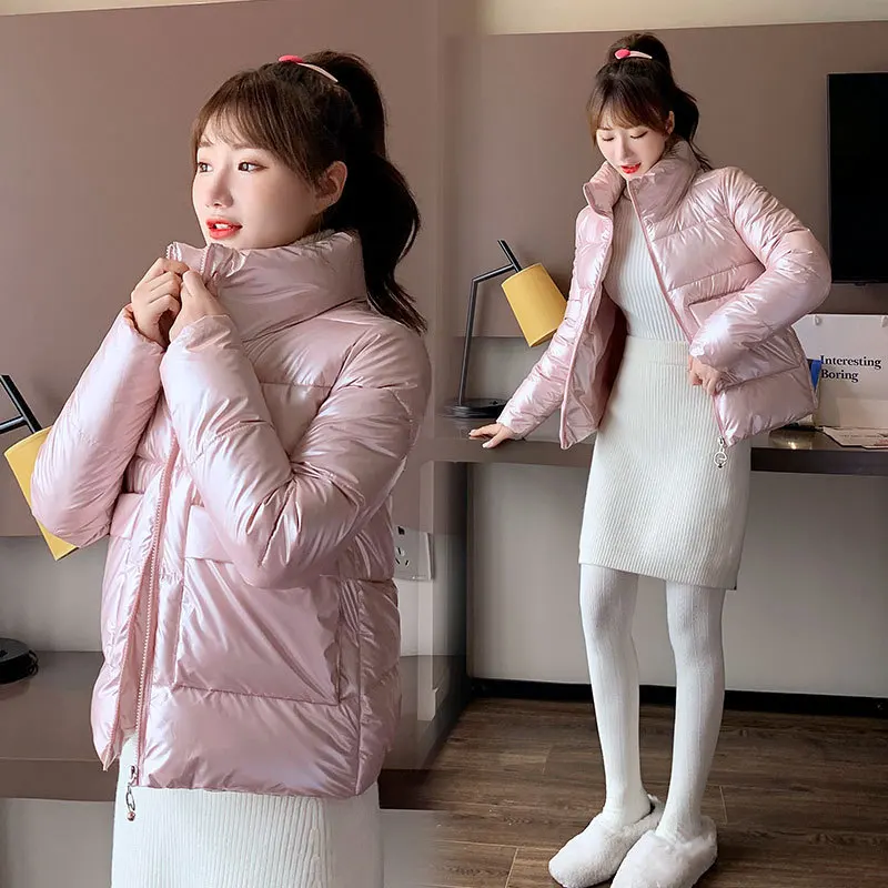 

2021 Autumn Winter Women Parkas Jackets Casual Stand Collar Shiny fabric Thick Warm padded Coats Female Winter Outwear Jackets