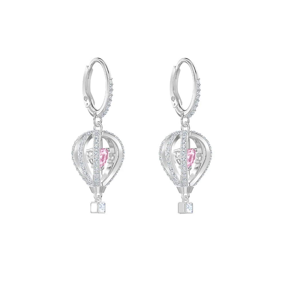 

SWA Fashion New INTO SKY Hot Air Balloon Ear Studs Shiny Pink Heart Crystal Lady Valentine's Day Romantic Gift