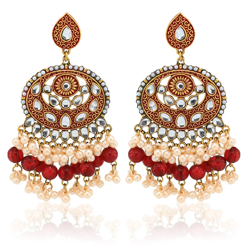 

2021 Ins индийские Jhumki Jhumka ручной работы жемчужные бусины тиснение красный цветок пирсинг богемные серьги винтажные женские ювелирные изделия...