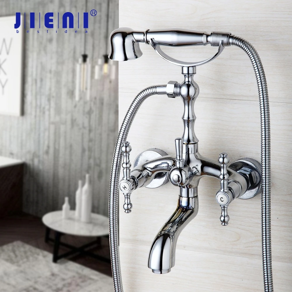 

JIENI Brass Bathroom Basin Faucet Bathtub Shower Set Chrome Polish Water Mixer Tap Wall Mounted Telephone Hand Shower Faucet
