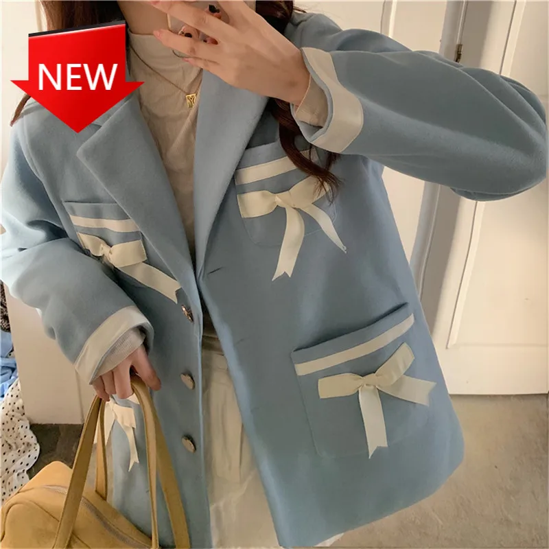 

Office Ladies Simple Suit Jacket Cardigans High Quality Sweet All Match Women Blazers 2021 New Chic Bow Woolen Coat Loose