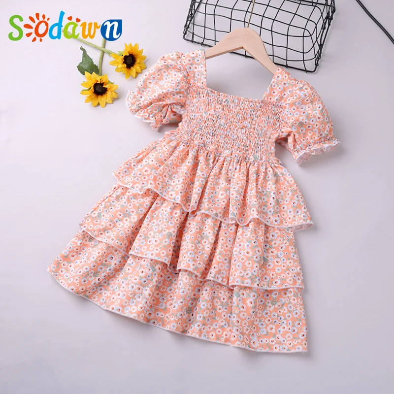 

Sodawn New Puff-Sleeve Floral Girls Dress Summer Printed Holiday Style Princess Cake Dress Toddler for 2-6Y