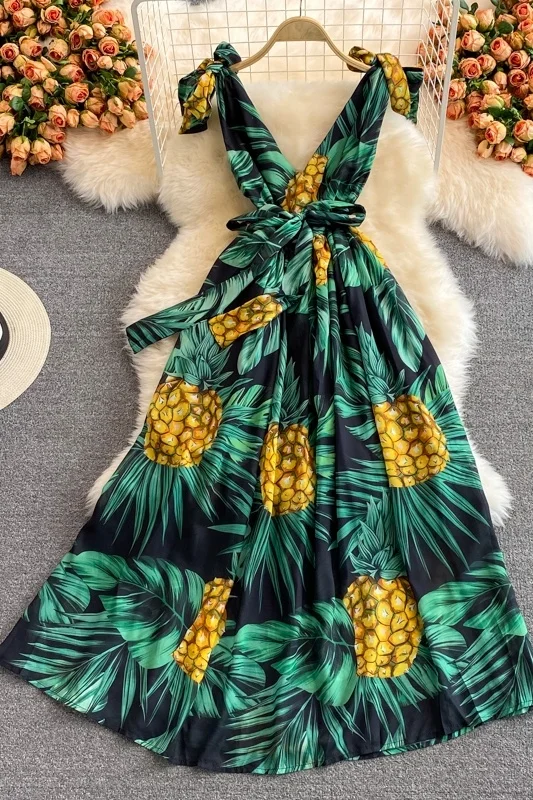 

Quality Celebrity V-neck Sleeveless Dress Women Printed Big Swing Pleated Dress Ladies High Waist Summer Holiday Beach Dress