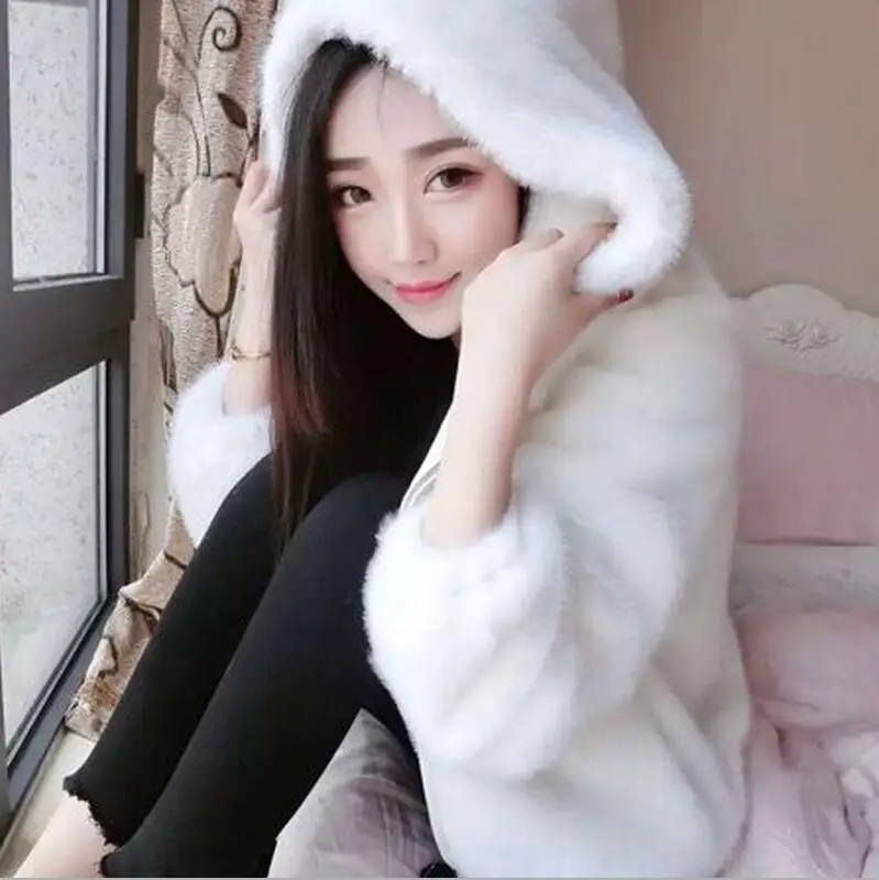 white Новинка года, пальто из искусственного меха с капюшоном, высокая талия, Модная приталенная куртка из искусственного меха черного, красного и розового цвета, осенне-зимние топы из искусственного меха кролика - Цвет: white
