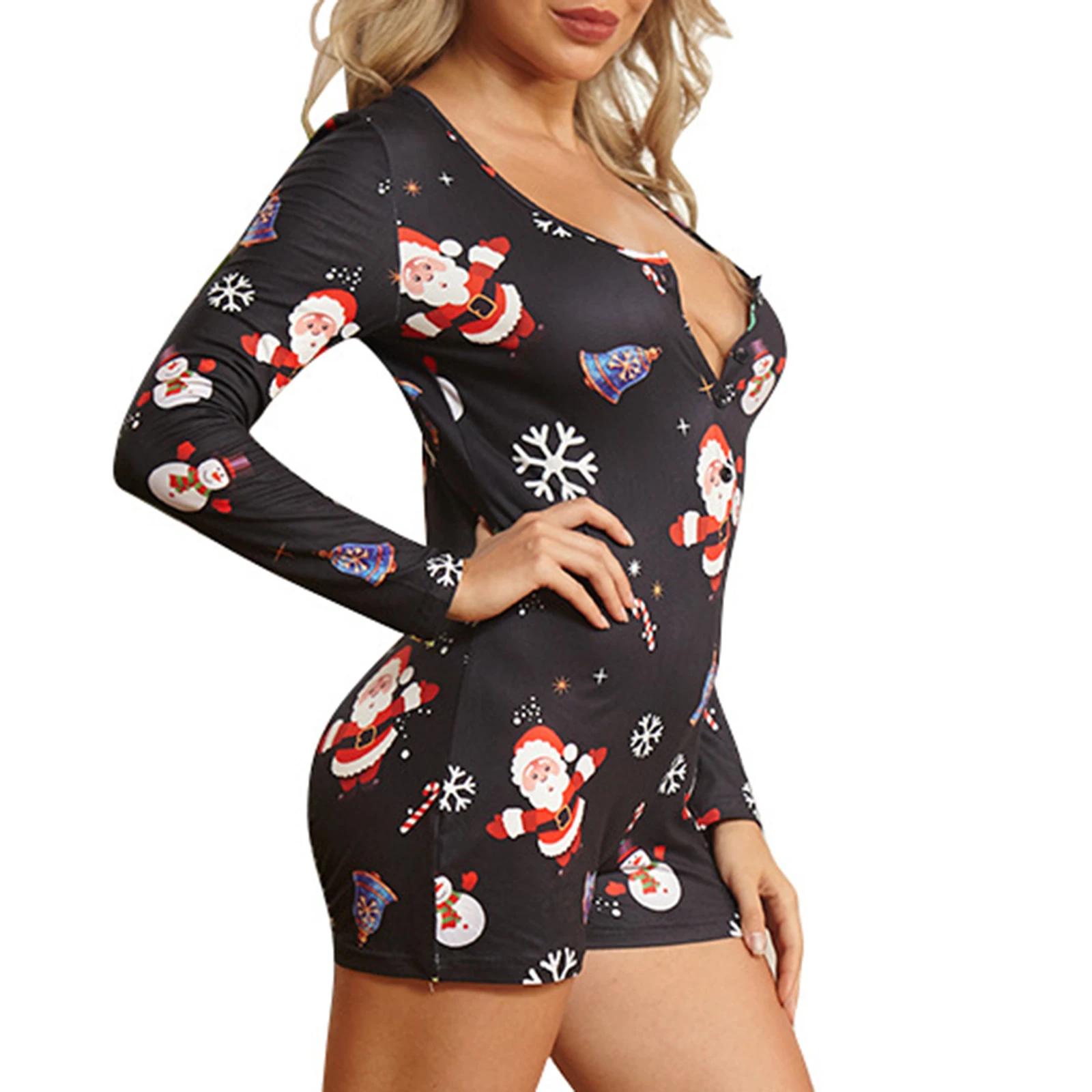 Women Sexy Bodycon Jumpsuit Romper Pajamas Plus Size Christmas Printed One Piece Tracksuit Playsuit Bodysuit Sleepwear