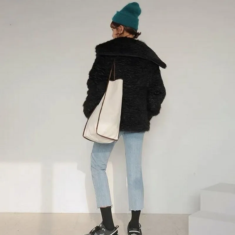 

Thick Big Lepel Single Breasted Womens Korean Loose Jacekts Winter Casual Long Sleeve Faux Lamb Fur Warm Female Outerwear Coats