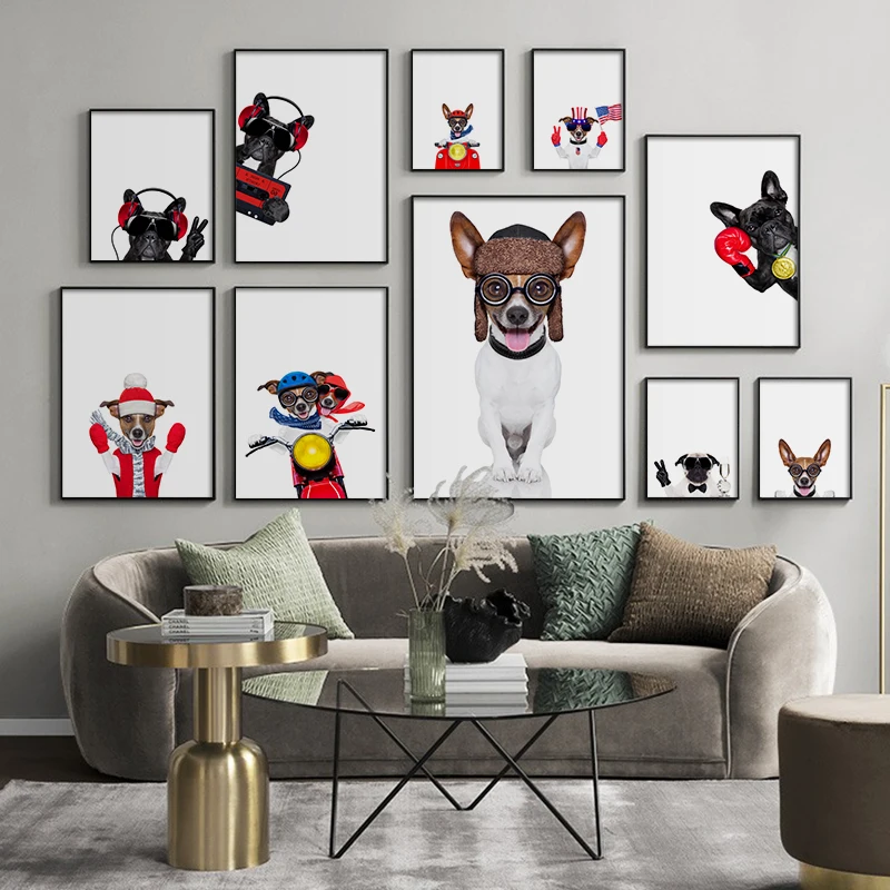 

Hi Guy! Nordic Cute Cartoon all Art Poster and Prints Handsome Dog in Motorbike Headset Decorative Painting for Living room Home