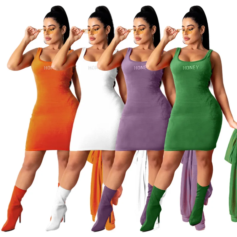 

Stick Drill Letters Print Solid Color Suspender Round Neck Sleevless Bodycon Package Hip Mini Dresses for Women 2021 Summer