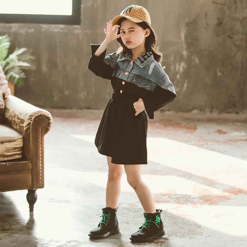 

2020 Spring New Big Girls Slim Denim Dresses Children Long Sleeve Splicing Casual Dress Clothes