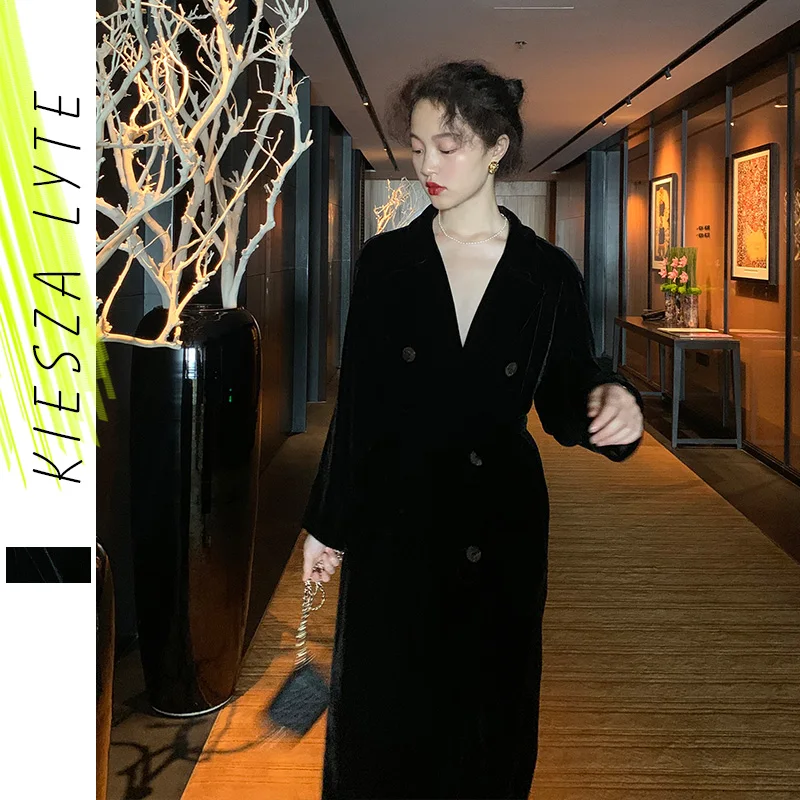 

Women Velvet Coat 2020 Autumn Winter Elegant Kimono Open Stitch Black Velour Long Trech Overcoat Femme Robe Outwear