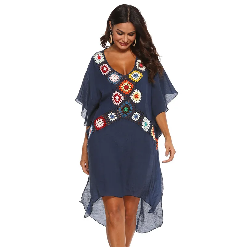 

Women Beach Dress Crochet Flower Swimsuit Cover Up Bikini Beachwear 2020 White Long Bathing Suit Dresses Woman Summer Tunic NEW
