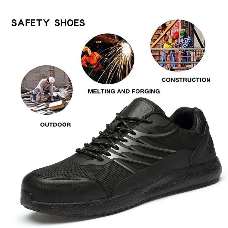 Мужские безопасные рабочие ботинки со стальным носком черные дышащие удобные