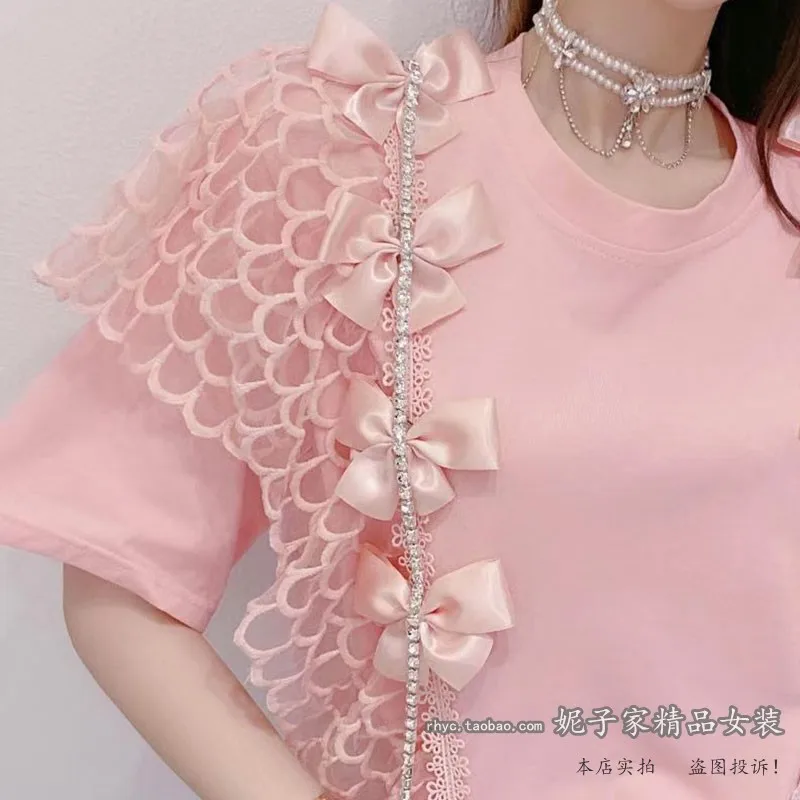 

2021 Summer New Korean Style Women Sweet Stitching Lace Top 3D Bow Loose Short Sleeve T-shirt Fashion Crew Neck Pullover Tees