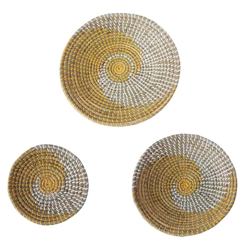 

3pcs Boho Woven Wall Basket Decor Handmade Seagrass Hanging Decorative Tray Bowl