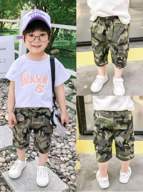 

Новые детские шорты для мальчиков шорты с принтом, одежда в камуфляжном стиле, Шорты повседневные Прямые детские штаны с эластичной резинко...