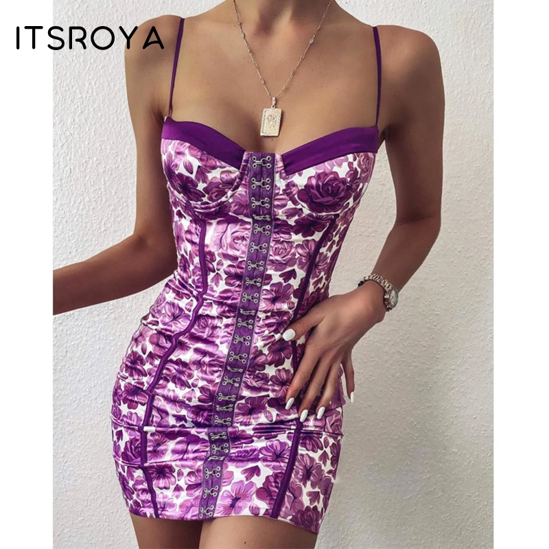 Пикантные платья ITSROYA с цветочным принтом женские облегающие мини на бретелях
