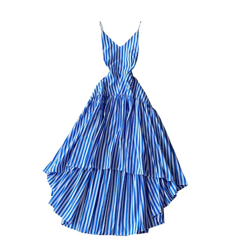 

Holiday queen striped dress slim and slim with suspender dress irregular long beach