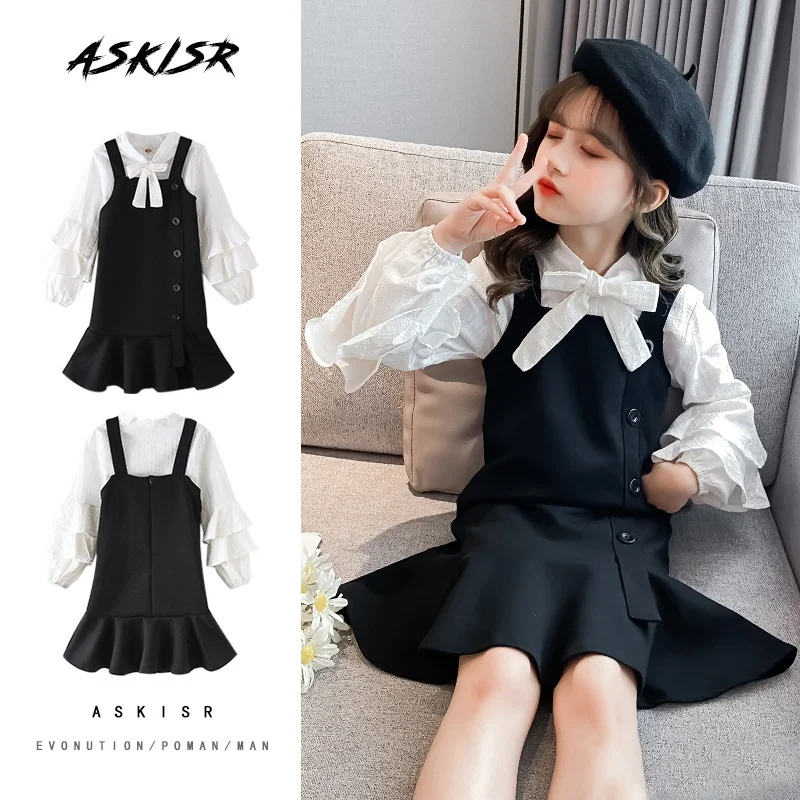 Платье-рубашка для девочек на бретелях с длинным рукавом повседневное в клетку