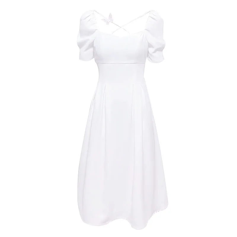 

Summer Women White Temperament Cottagecore Fairy Dress Square Collar High Waist Thin Gentle Dresses Soild Color Mori Girl Dress