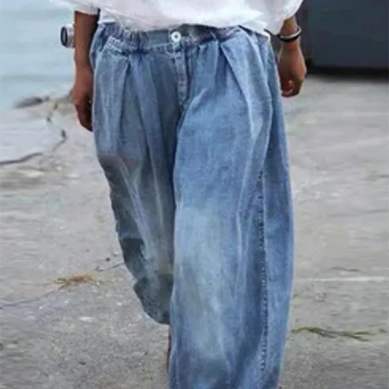 

Large Size High Waist Boyfriend Jeans Ladies Summer Solid-Color Loose Spanning Pants American Street Haren denim Long Pants