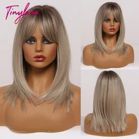 tiny lana straight bobo hair medium length with bangs mixed goldenbrown natural style for women synthetic wigs heat resistant