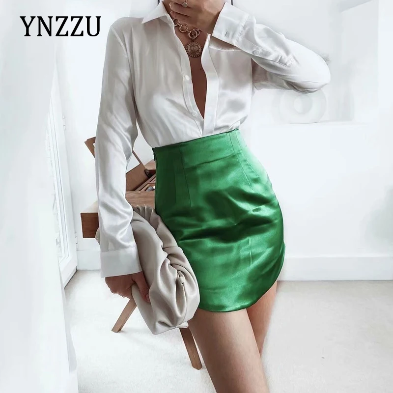 

Green Women High Street Satin Sexy Mini Skirt Faldas Mujer Ladies Soft Fashion Slim Skirt irregular Summer Newest YNZZU 1B008