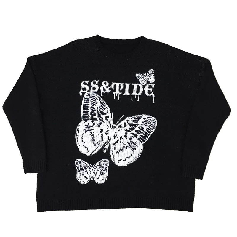 

Autumn Winter Harajuku High Street Dark Style Butterfly Letter Printing Women'S Sweater Wild Loose Round Neck Pullover Sweater