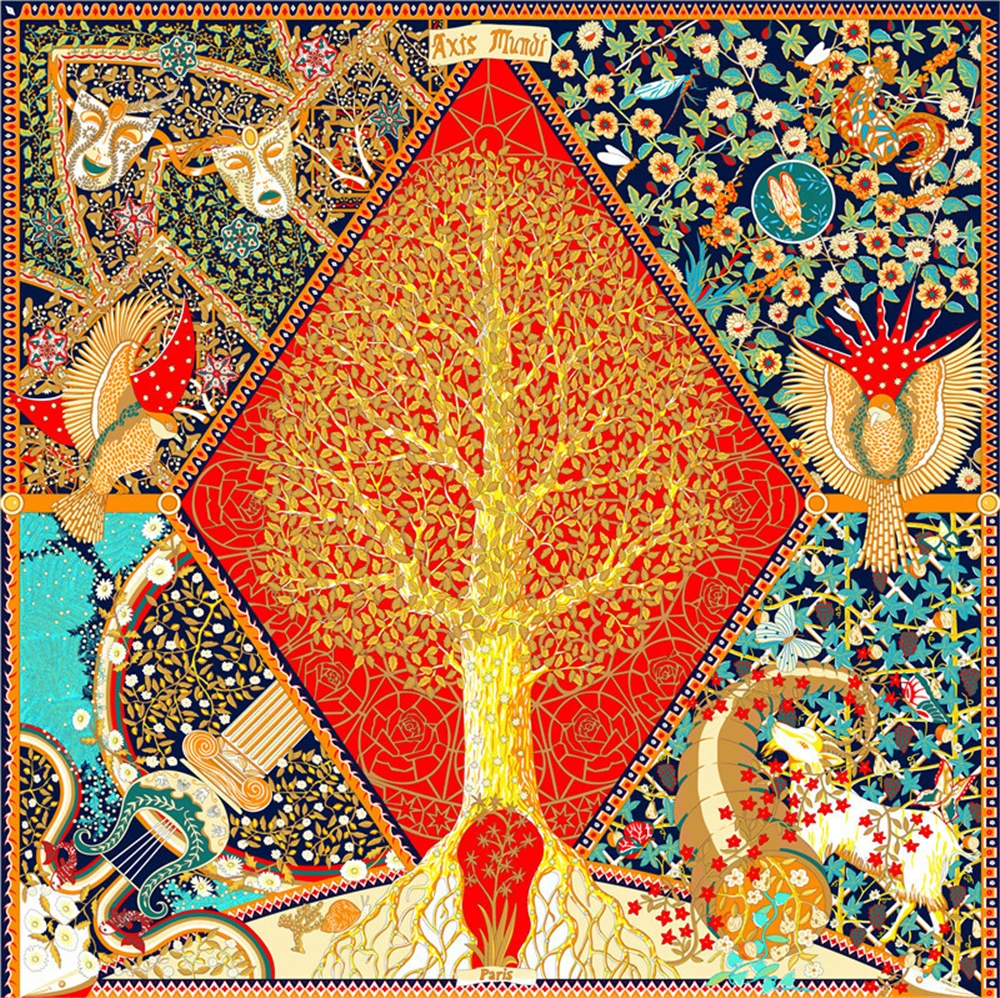 

2021 new Designer Brand silk 130cm twill large square animal sacred tree print female headscarf shawl scarf Beach Towel cachecol