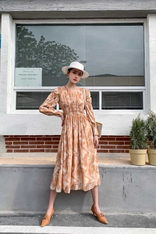 

Kimotimo Dress Summer 2021 Korean Style Vintage Print Fashion Office Lady Temperament Ins Loose Casual Chiffon Long Dress