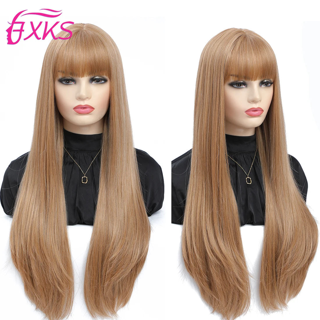 

Straight Synthetic Hair Wigs With Bangs Dark Brwon Gold Color Long Hair Wigs Machine Made Synthetic Wigs With Bangs 28Inch FXKS