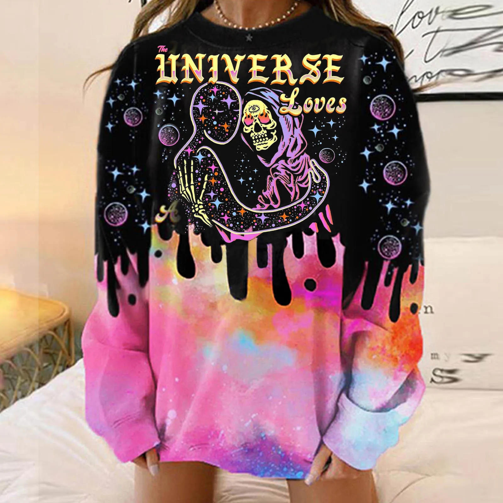 

Y2k Fashion Skull Skeleton Pullovers Ladies Tie-dye Colorblock Sweatshirts Halloween Printed Round Neck Loose Tops Streetwear
