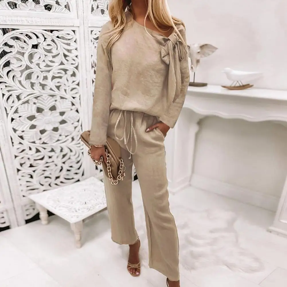Ankle-Length  Stylish Long Sleeve Blouse Wide Leg Long Pants Set Autumn Women Outfit Long Sleeve   for Daily Wear