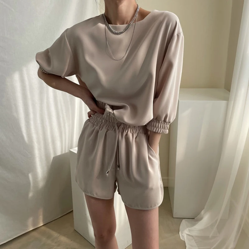 

Fashion Suits Girls Three Quarter Sleeve O Neck Back Zipper T-Shirts Elastic Waist Shorts Solid Loose Casual Streetwear