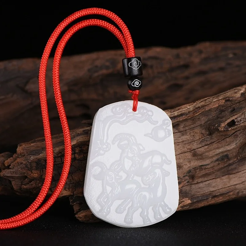 

Natural Chinese White Hand Carved Zodiac Sheep Pendant Fashion Jewelry Men's and Women's Three Sheep Kaitai Necklace PopularGift