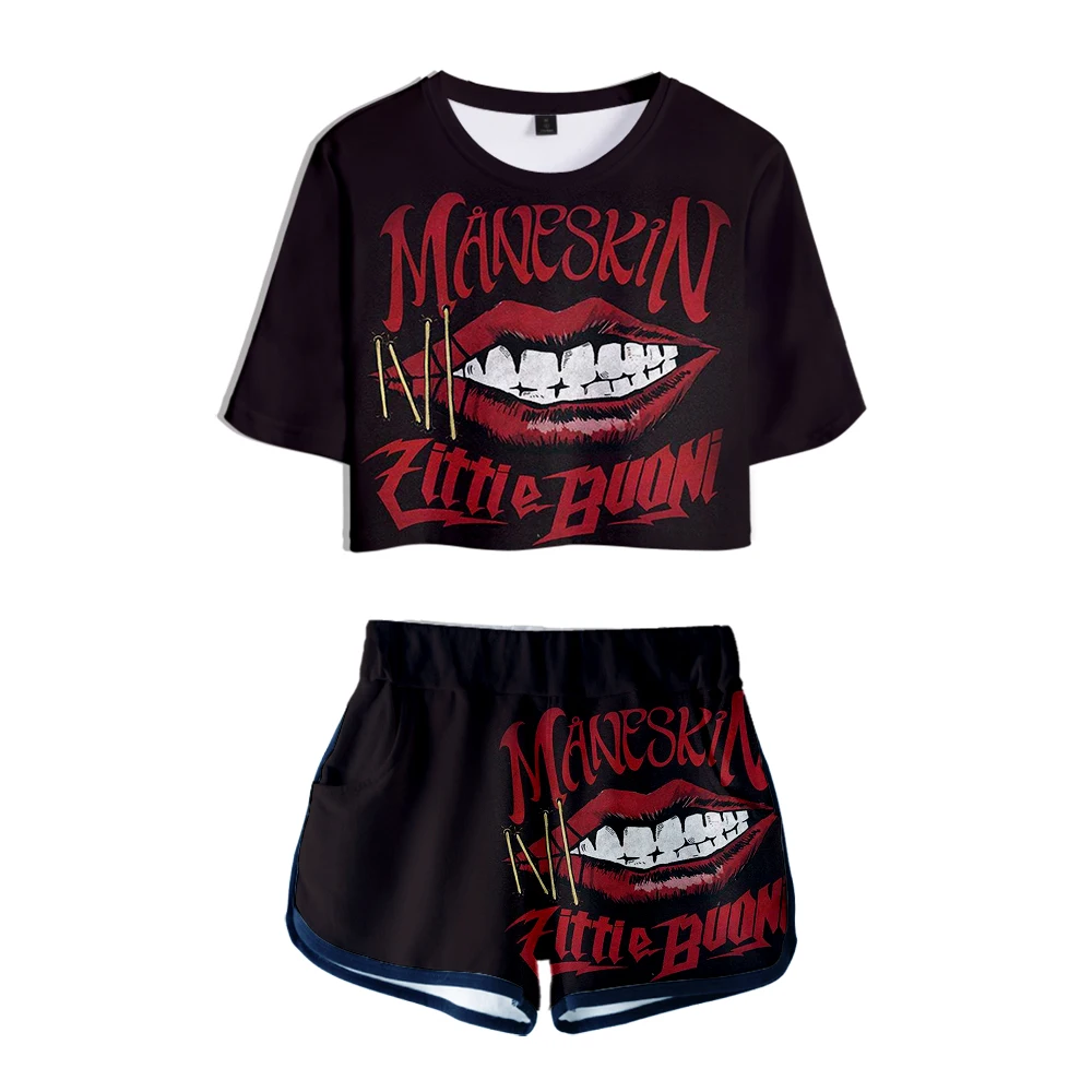 

Kawaii Heavy Metal Rock Band Maneskin 3D Print Dew navel Sport Girl suits Trendy Two Piece Set Summer Sexy Shorts+lovely T-shirt