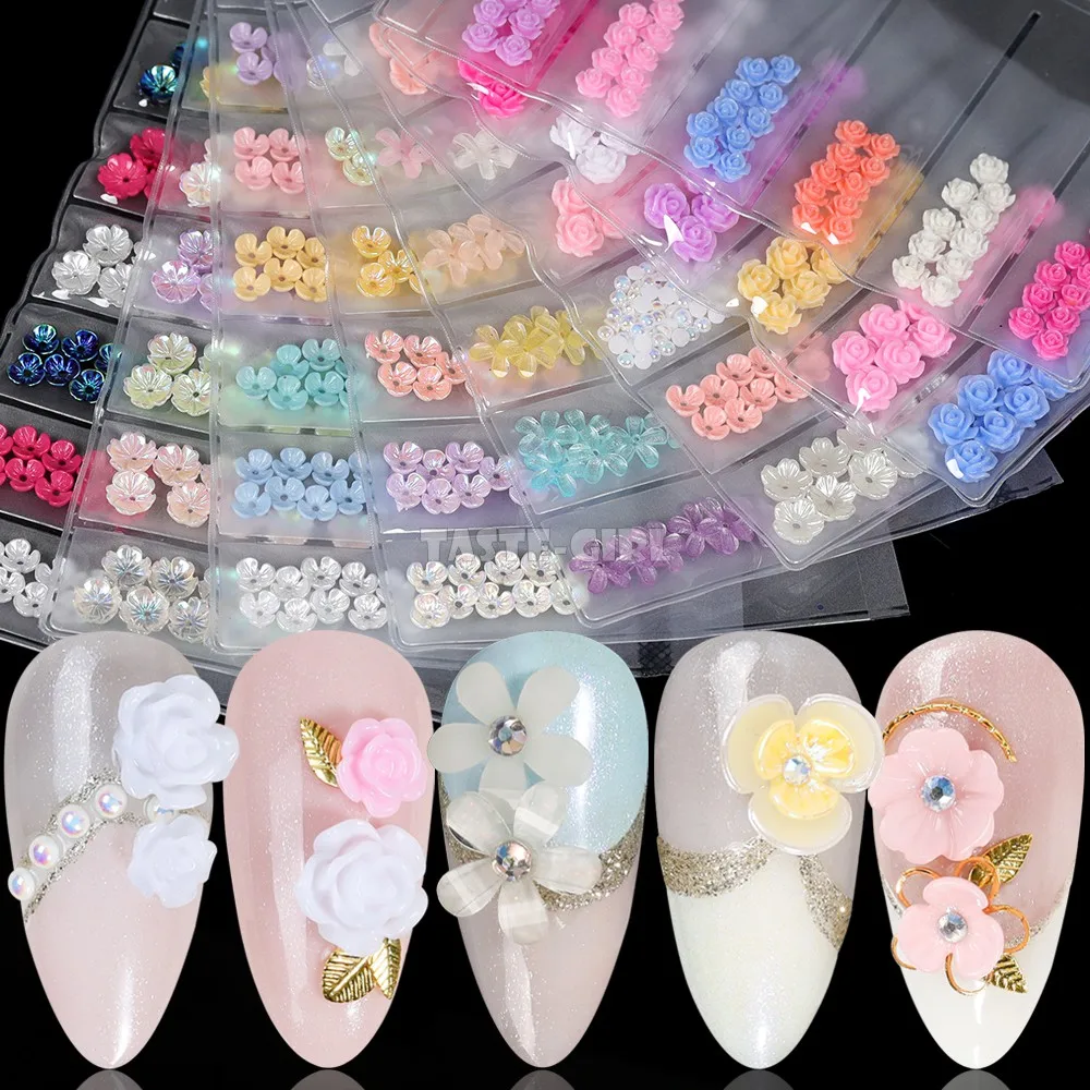 

6Grids/Pack 3D Rose Various Petal Resin Glazed Flowers Pearl Arylic Nail Art Rhinestone Gems Decorations Manicure DIY Tips
